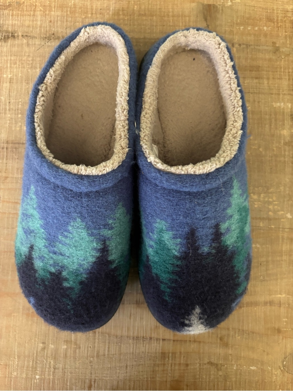 L.L. Bean Felted Wool Forest Slip-On Slippers in Blue/Green
